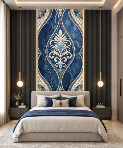 Glora Sheet GS01BB008 French cobalt blue marble panel with classical ivory fleur-de-lis palmette medallion and mosaic trellis