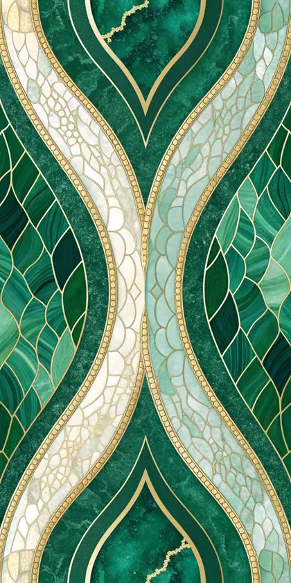 Glora Sheet GS01BB009 emerald malachite marble panel with stained glass dragonfly wing tessellation and gold ribbing