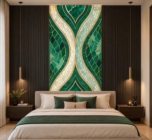 Glora Sheet GS01BB009 emerald malachite marble panel with stained glass dragonfly wing tessellation and gold ribbing