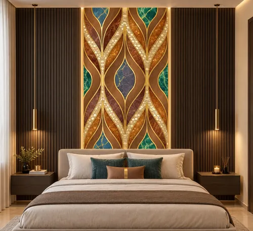 Glora Sheet GS01BB010 mocha Emperador marble panel with copper aventurine glitter and Art Deco brass bezels