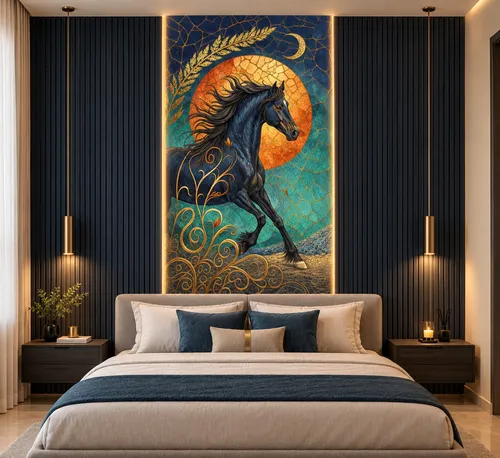 Glora Sheet GS01CC001 galloping black stallion horse panel with golden kintsugi sun medallion and teal cracked mosaic