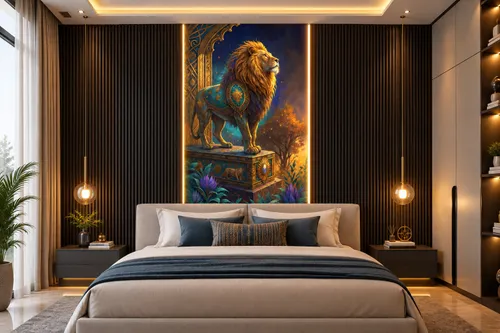 Glora Sheet GS01CC004 regal crowned lion in turquoise gold armor on classical pedestal with baroque golden arch