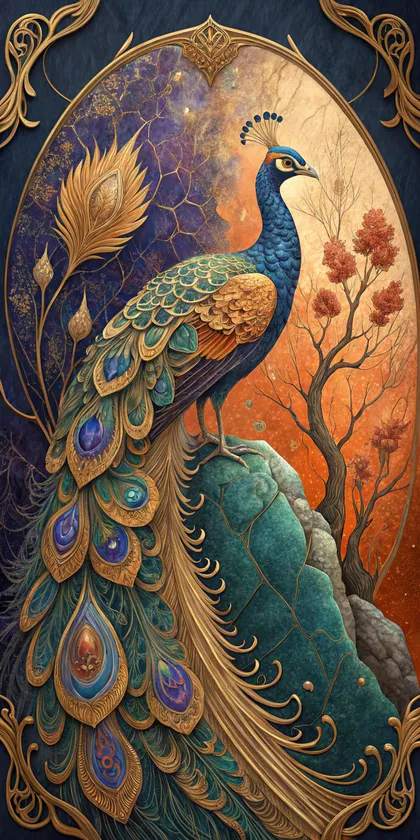 Glora Sheet GS01CC005 Indian royal peacock perched on emerald rock with cascading gilded feathers and gold frame