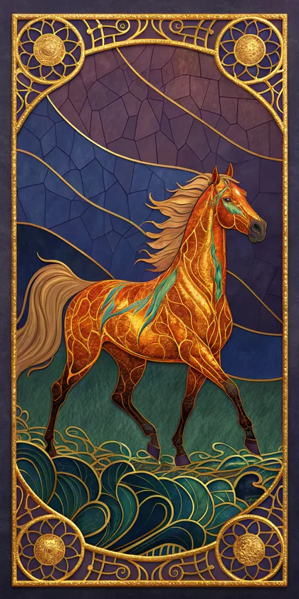 Glora Sheet GS01CC006 golden amber stallion horse running above lapis ocean waves in gold sun wheel frame