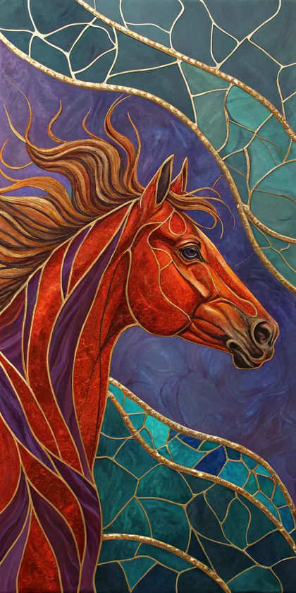 Glora Sheet GS01CC007 chestnut Arabian horse profile bust with windblown golden mane and teal kintsugi wings