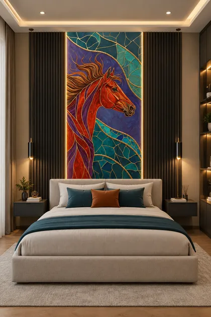 Glora Sheet GS01CC007 chestnut Arabian horse profile bust with windblown golden mane and teal kintsugi wings