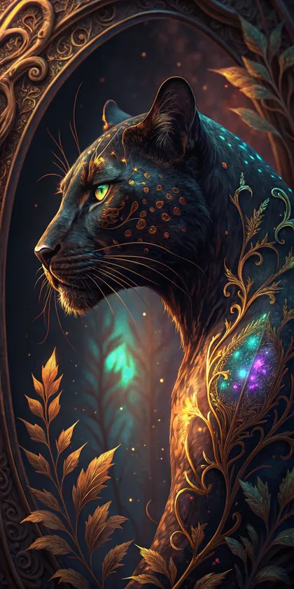Glora Sheet GS01CC008 black panther bust adorned with baroque golden filigree vines and celestial bioluminescent wing