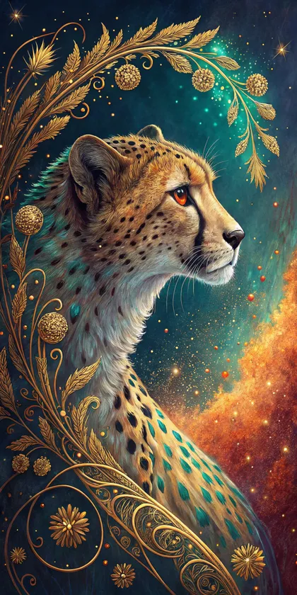 Glora Sheet GS01CC009 African cheetah profile bust framed by golden wheat ears, marigold rosettes, and starry nebula