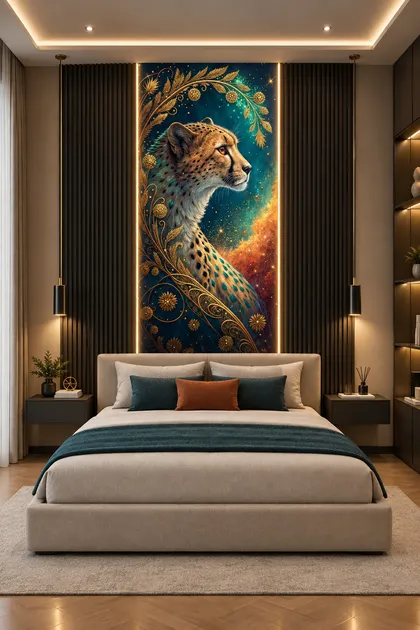 Glora Sheet GS01CC009 African cheetah profile bust framed by golden wheat ears, marigold rosettes, and starry nebula