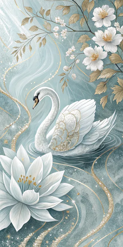 Glora Sheet GS01CC010 graceful white swan swimming on jade waters beside giant blooming white lotus flower and cherry blossom