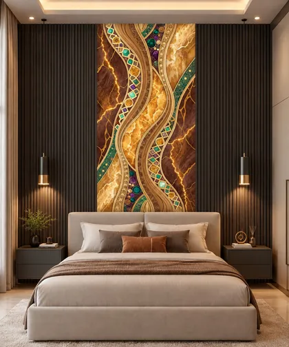 Glora Sheet GS01DD001 Pietra Dura jewel inlay Emperador marble panel with cabochon malachite and amethyst gemstones