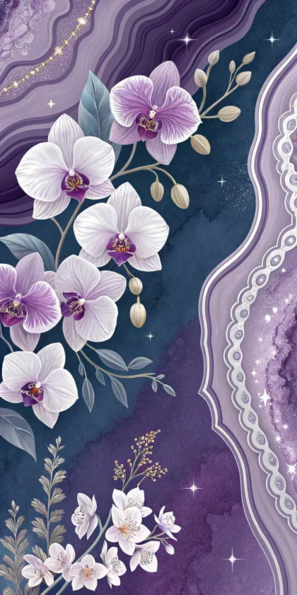Glora Sheet GS01DD002 cascading white Phalaenopsis orchids against midnight blue and amethyst geode marble with pearl lacework