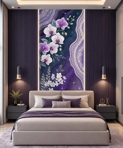 Glora Sheet GS01DD002 cascading white Phalaenopsis orchids against midnight blue and amethyst geode marble with pearl lacework