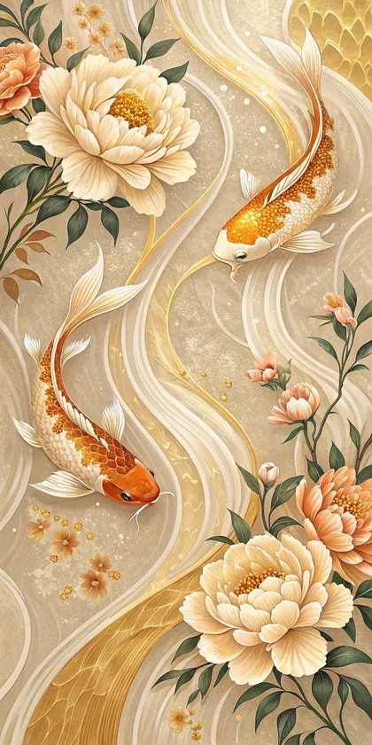 Glora Sheet GS01DD003 twin golden Japanese koi fish swimming among blooming peach peonies in champagne travertine marble
