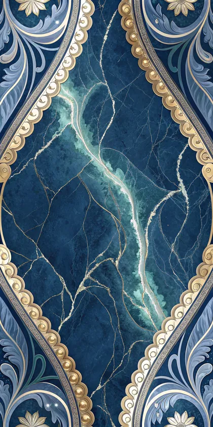 Glora Sheet GS01DD004 Blue Macaubas sapphire marble slab with electric turquoise fissure in baroque gold diamond cartouche