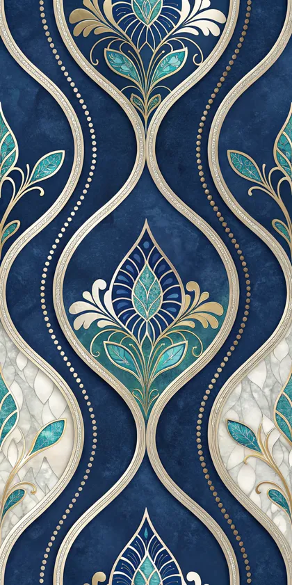 Glora Sheet GS01DD005 Ottoman indigo blue damask marble panel with turquoise enameled teardrop palmette inlays and brass ribs