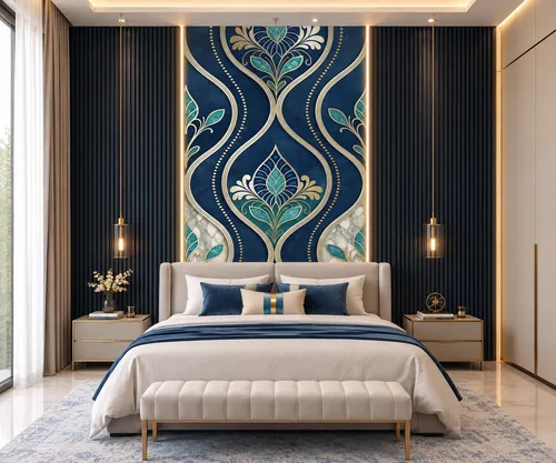 Glora Sheet GS01DD005 Ottoman indigo blue damask marble panel with turquoise enameled teardrop palmette inlays and brass ribs