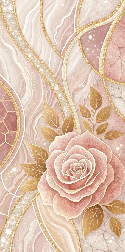 Glora Sheet GS01DD006 blooming blush pink English rose with golden foliage on fluid rose quartz marble with glitter ribbons