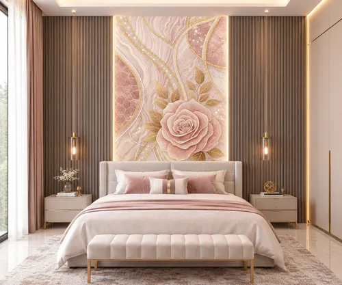 Glora Sheet GS01DD006 blooming blush pink English rose with golden foliage on fluid rose quartz marble with glitter ribbons
