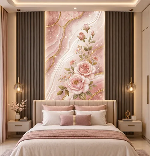 Glora Sheet GS01DD008 bouquet of pink heritage tea roses and rosebuds on fluid pink quartzite marble with gold channels