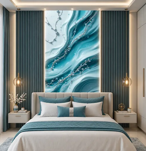 Glora Sheet GS01DD010 sculptural aqua turquoise and white silk ripples with draped platinum diamond necklaces and crystal vines