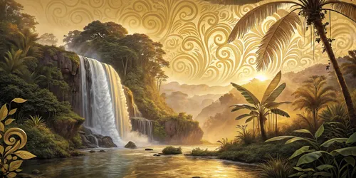 Glora Sheet GS03AA005 — Tropical Waterfall Golden Damask Sky Surface Texture