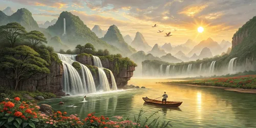 Glora Sheet GS03AA006 — Guilin Karst Waterfalls & Sunlit Boatman Surface Texture