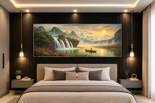 Glora Sheet GS03AA006 Karst Waterfalls applied in Japandi Style Living Room Wall