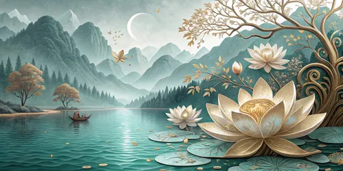 Glora Sheet GS03AA008 — Zen Crescent Moon & Gold Lotus Lake Surface Texture