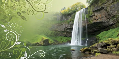 Glora Sheet GS03AA010 — Emerald Forest Waterfall Botanical Scroll Surface Texture