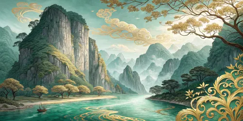Glora Sheet GS03AA013 — Jade River & Gold Filigree Karst Cliffs Surface Texture