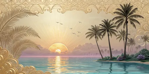 Glora Sheet GS03AA017 — Art Deco Gilded Sunburst Coastal Dawn Surface Texture