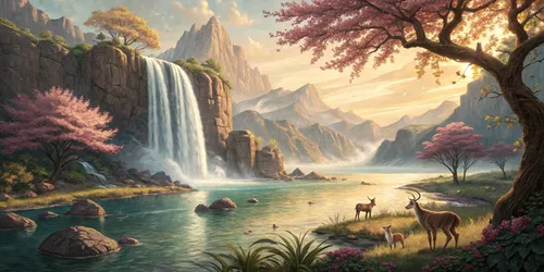 Glora Sheet GS03AA020 — Paradise Valley Waterfalls & Deer Family Surface Texture