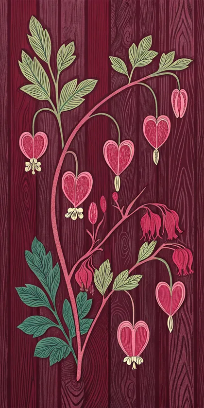 Glora Sheet GS09AA005 — Pink Bleeding Heart Botanical Branch on Burgundy Woodgrain