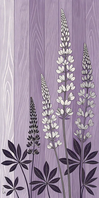 Glora Sheet GS09AA006 — Alpine White Lupine Floral Spires on Lavender Woodgrain
