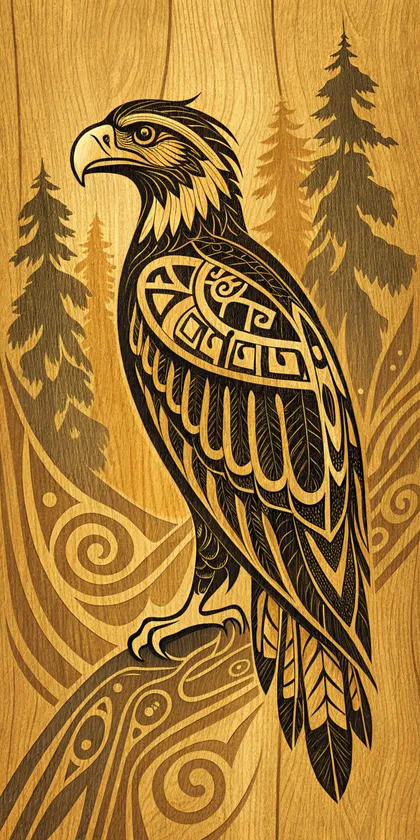 Glora Sheet GS09BB005 — Perched Golden Eagle Falcon with Pine Forest Silhouettes on Oak