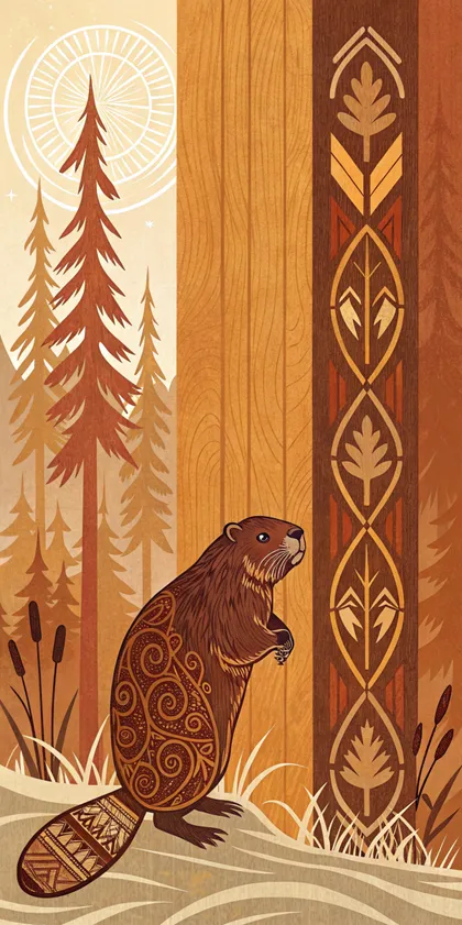 Glora Sheet GS09BB009 — Canadian Beaver Wildlife Marquetry with Pine Forest and Rising Sun