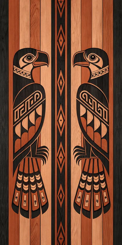 Glora Sheet GS09BB011 — Symmetrical Twin Facing Haida Ravens in Ebony and Cedar on Striped Timber
