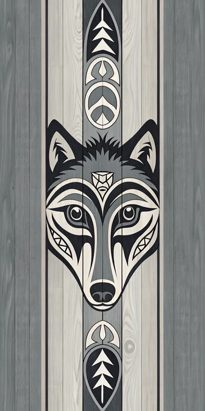 Glora Sheet GS09CC011 — Noble Grey Wolf Totem Head with Chevrons on Weathered Grey Timber