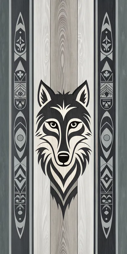 Glora Sheet GS09CC012 — Timber Wolf Face with Tribal Totem Pilasters on Ash Timber