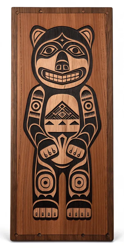 Glora Sheet GS09CC013 — Carved Haida Bear Totem Pole Figure on Red Cedar Wood Slab
