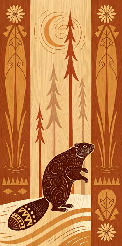 Glora Sheet GS09CC016 — Canadian Beaver Under Crescent Moon and Fir Spires on Cedar