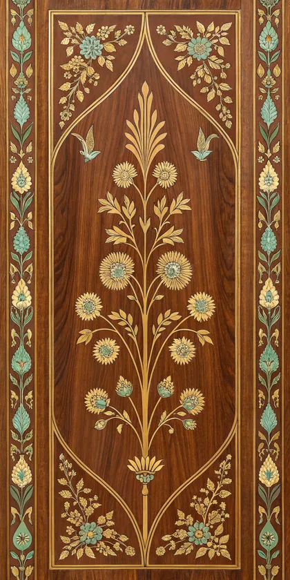 Glora Sheet GS08AA004 — Mughal Tree of Life Marquetry on Dark Walnut Veneer