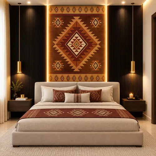 Glora Sheet GS08AA012 installed as Bohemian Living Room Feature Wall with Leather Accents