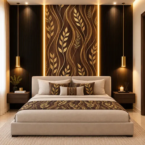 Glora Sheet GS08AA017 installed as Master Bedroom Headboard Accent Wall and Sconce Backdrop
