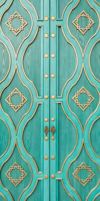 Glora Sheet GS08AA020 — Moroccan Turquoise Patina Wood with Gold Moldings and Rivets