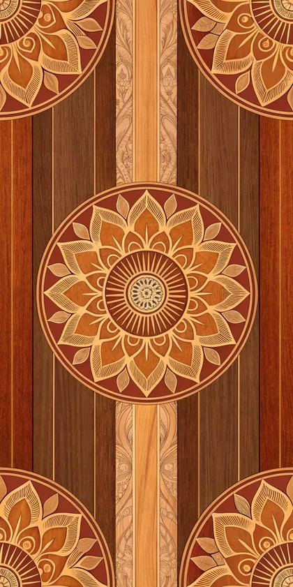 Glora Sheet GS08AA022 — Sunburst Lotus Mandala Inlay on Fluted Teak and Walnut
