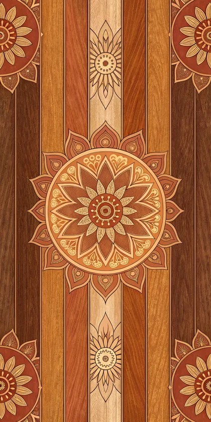 Glora Sheet GS08AA023 — Surya Solar Mandala Marquetry on Striped Teak Planks