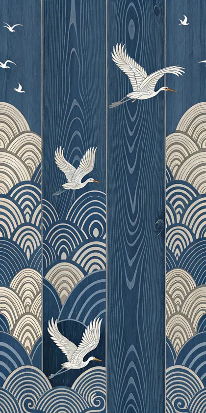Glora Sheet GS08AA027 — Japanese Seigaiha Waves and White Cranes on Indigo Navy Pine