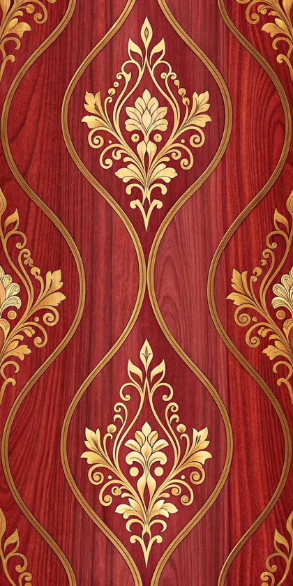 Glora Sheet GS08AA033 — Crimson Padauk Woodgrain with Golden Baroque Damask Crests